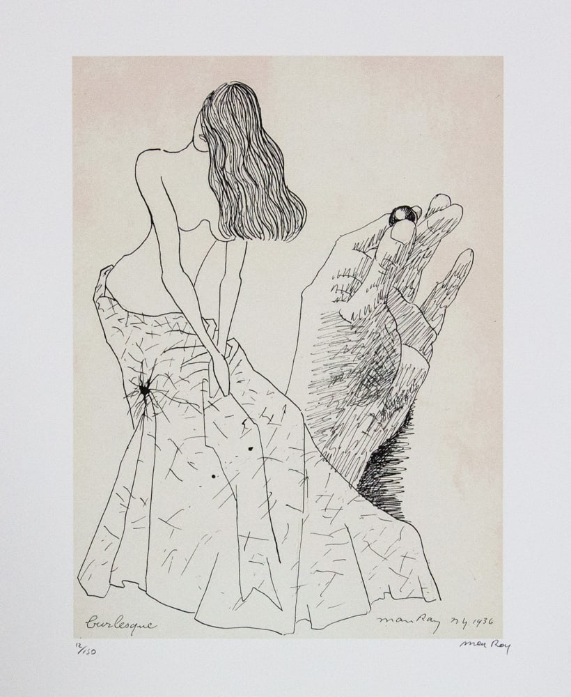 Man Ray 'Burlesque': Man Ray (after) 'Burlesque' lithography print, signed bottom right, numbered with pencil bottom left, limited edition 12/150, bottom right publishing house stamp 'Leonardo Artis', heavy paper with wat