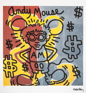 Keith Haring 'Andy Mouse': Keith Haring (after) 'Andy Mouse' offset lithography, limited edition of 150, sheet size 50 x 70 cm, plate signed bottom right, numbered with pencil bottom left 117/150, cotton paper, Keith Haring Fou