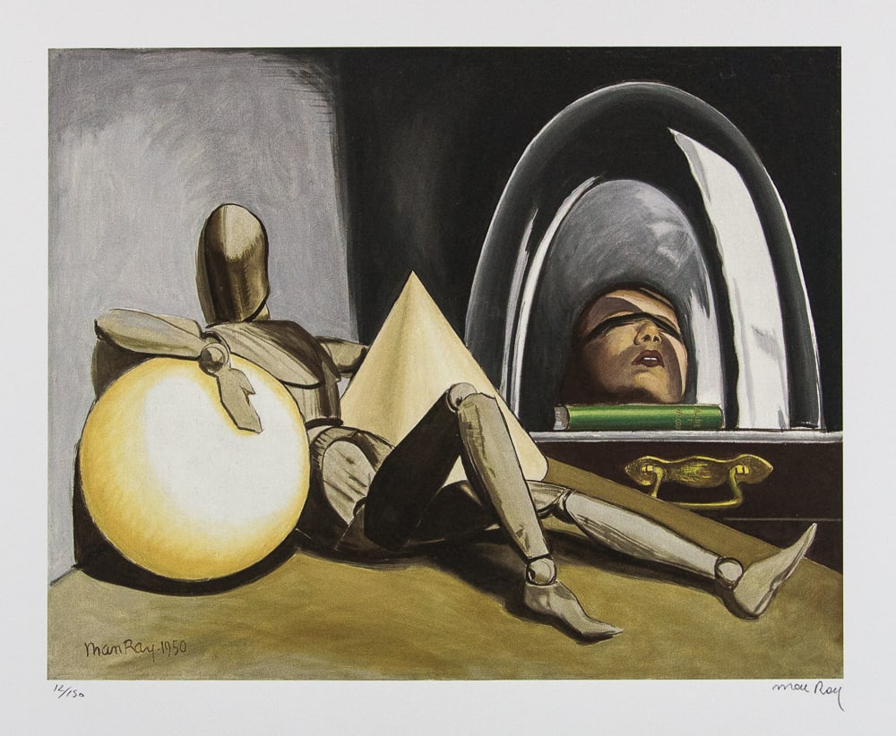 Man Ray 'Aline et Valcour': Man Ray (after) 'Aline et Valcour' lithography print, signed bottom right, numbered with pencil bottom left, limited edition 12/150, bottom right publishing house stamp 'Leonardo Artis', heavy paper w