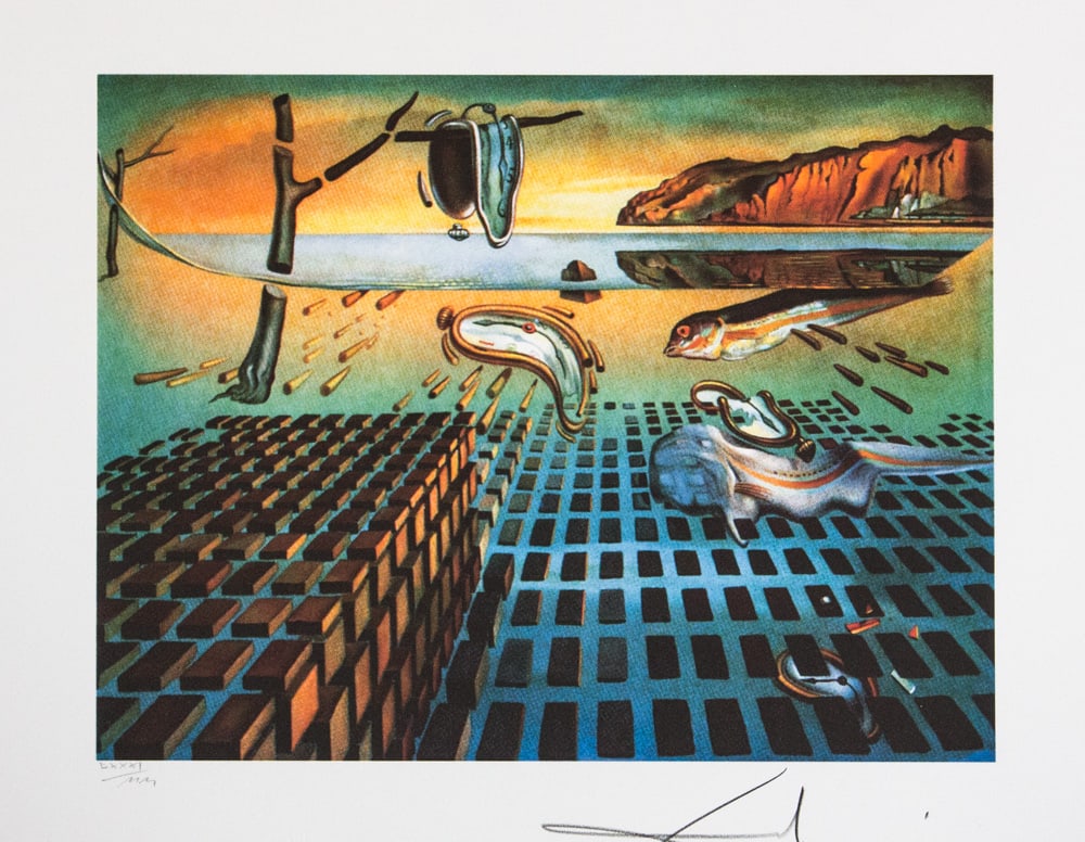 Salvador Dali 'The Disintegration of the Persistence of Memory': Salvador Dali (after) 'The Disintegration of the Persistence of Memory' offset lithography, sheet size 50 x 65 cm, heavy paper with watermark BFK Rives France, signed bottom right, pencil 'Dali', numb