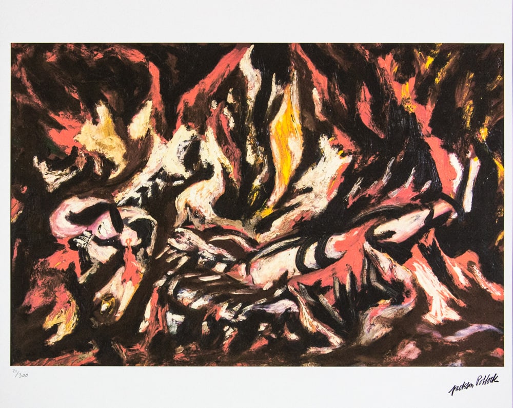 Jackson Pollock 'The Flame': Jackson Pollock (after) 'The Flame' lithography print, sheet size 50 x 70 cm, plate signed bottom right, numbered with pencil bottom left, limited edition 21/300, with embossing stamp 'SPADEM, Paris'