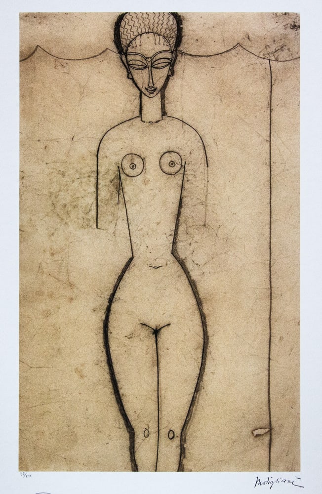 Amadeo Modigliani 'Standing Nude': Amadeo Modigliani (after) 'Standing Nude' lithography print, plate signed bottom right, numbered with pencil bottom left, limited edition 38/250, heavy paper, sheet size 70 x 50 cm, without additional