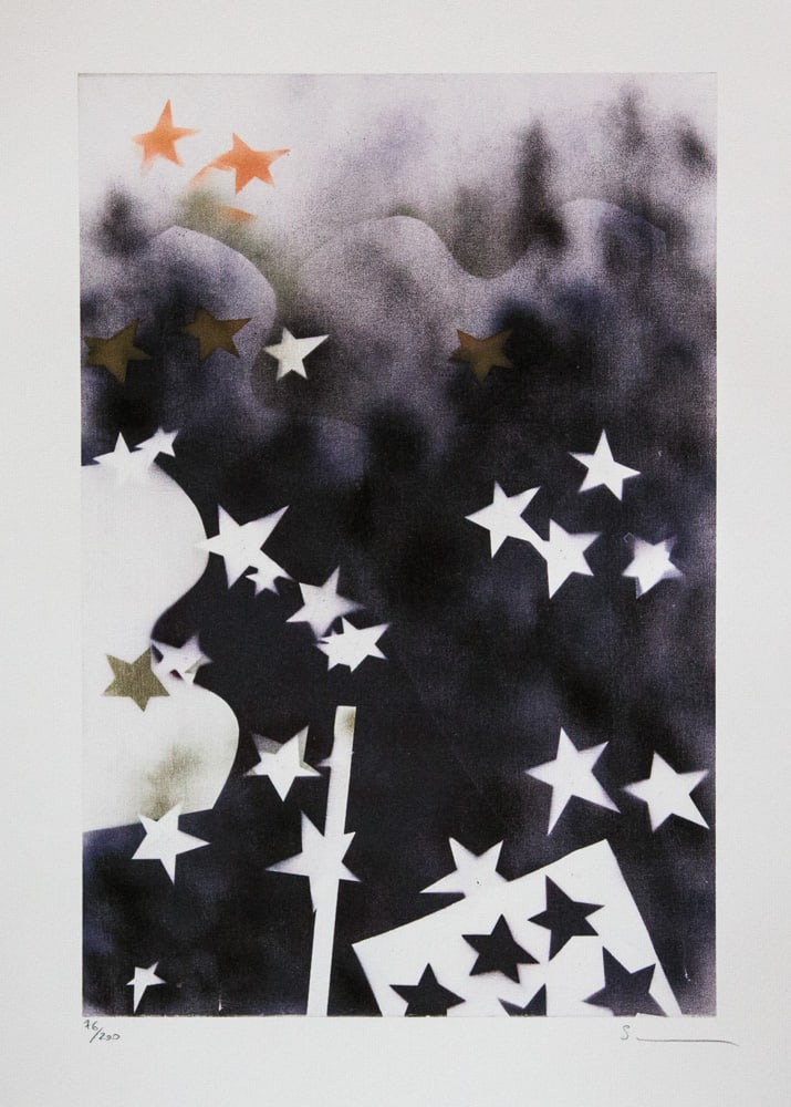 Mario Schifano, Untitled: Mario Schifano (after) untitled, offset lithograph in colors, signed bottom right, pencil, numbered bottom left with pencil, limited edition 76/200, bottom center publishing house stamp, cotton paper,