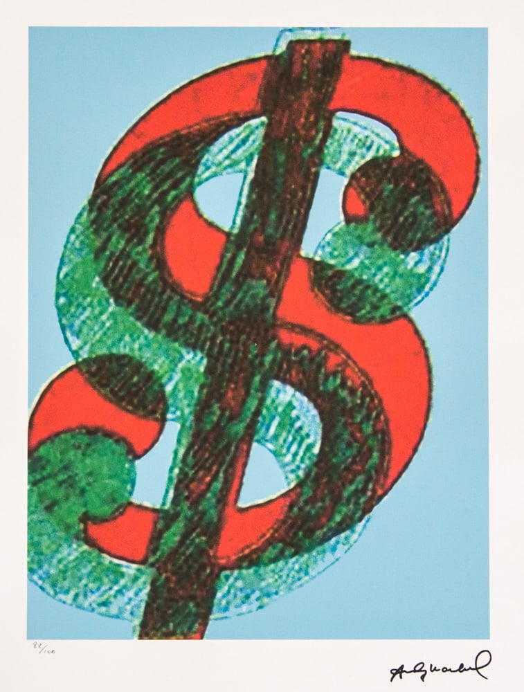 Andy Warhol 'Dollar Sign': Andy Warhol (after) 'Dollar Sign' offset lithograph in colors on Arches paper, sheet size 38,5 x 57 cm, plate signed bottom right, numbered with pencil, limited edition 82/100 (Leo Castelli, Art Galle