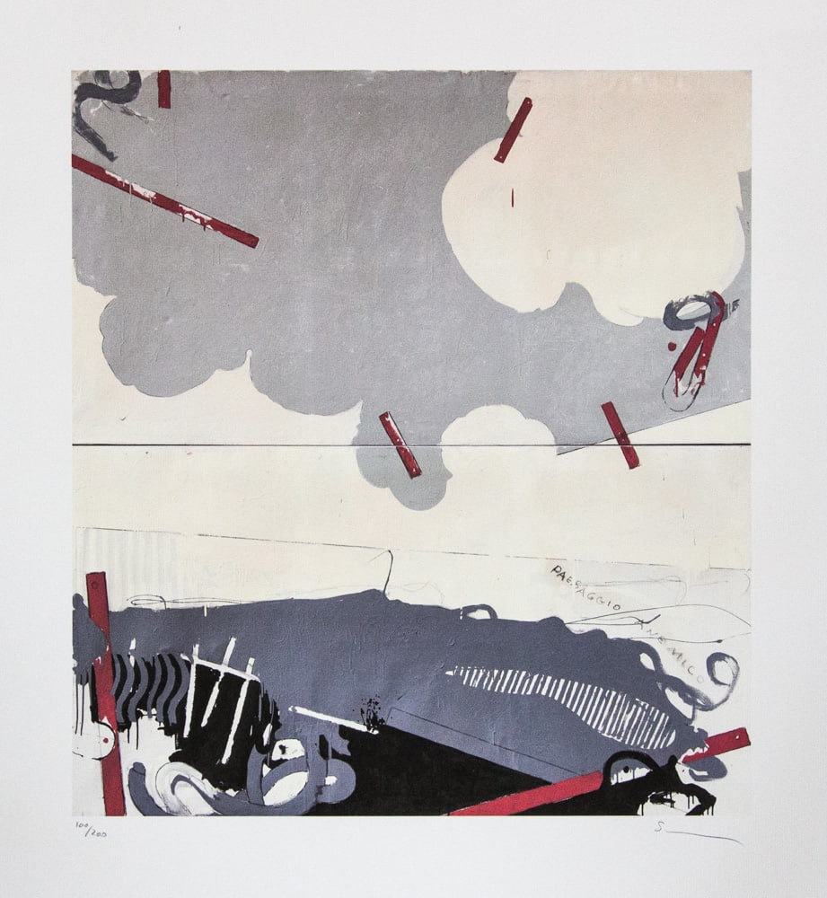 Mario Schifano 'Paesaggio anemico I': Mario Schifano (after) 'Paesaggio anemico I' offset lithograph in colors, signed bottom right, pencil, numbered bottom left with pencil, limited edition 100/200, bottom center publishing house stamp,