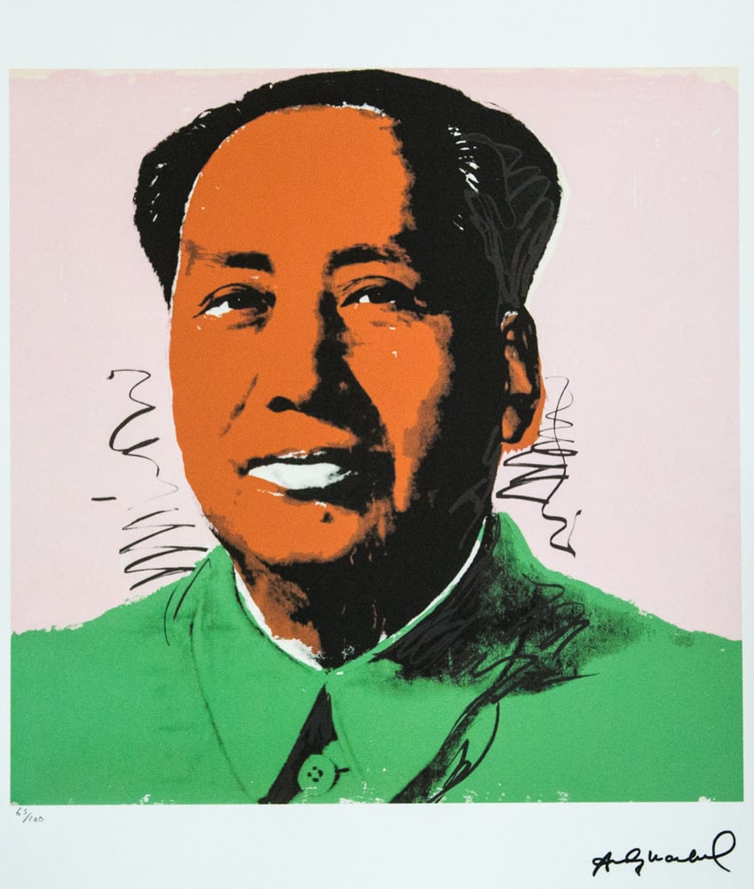 Andy Warhol 'Mao': Andy Warhol (after) 'Mao' offset lithograph in colors on Arches paper, sheet size 38,5 x 57 cm, plate signed bottom right, numbered with pencil, limited edition 65/100 (Leo Castelli, Art Gallery New Y