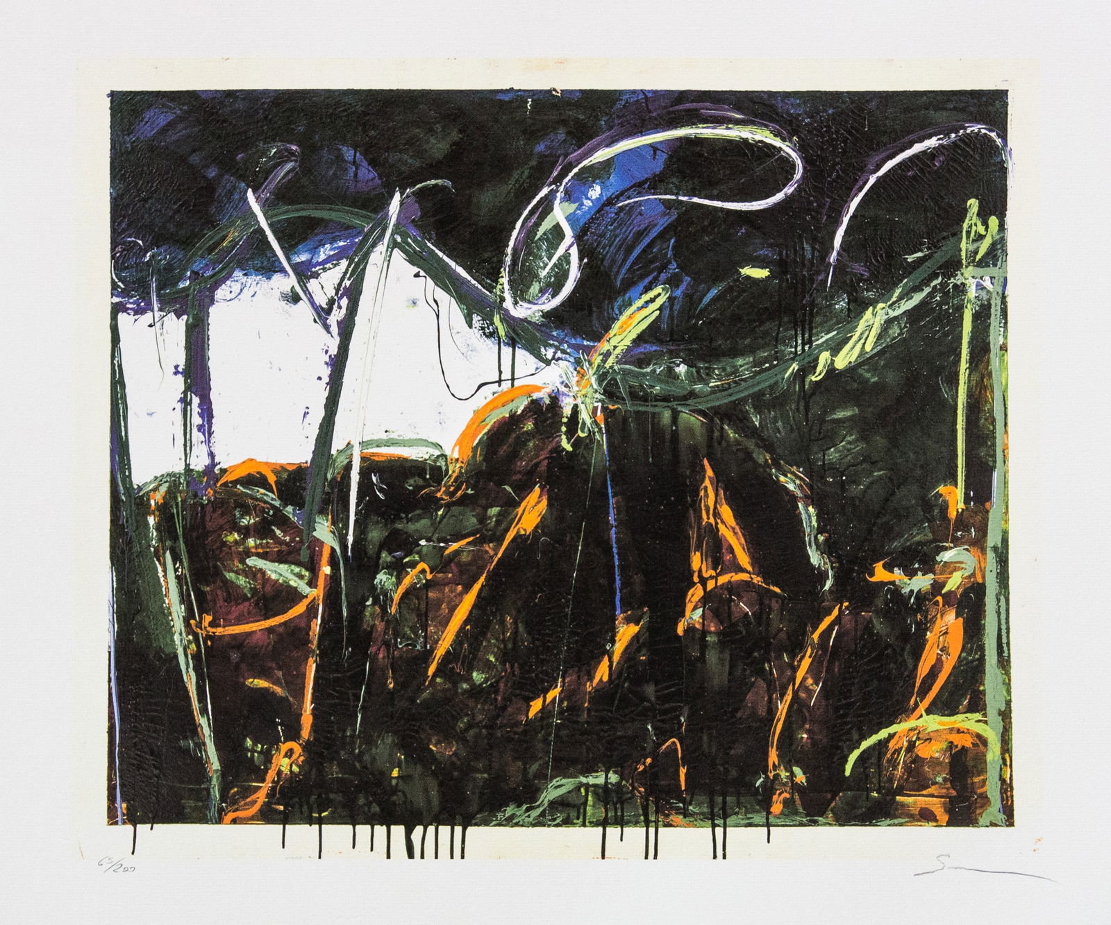 Mario Schifano 'Notte Esterna': Mario Schifano (after) 'Notte Esterna' offset lithograph in colors, signed bottom right, pencil, numbered bottom left with pencil, limited edition 65/200, bottom center publishing house stamp, cotton