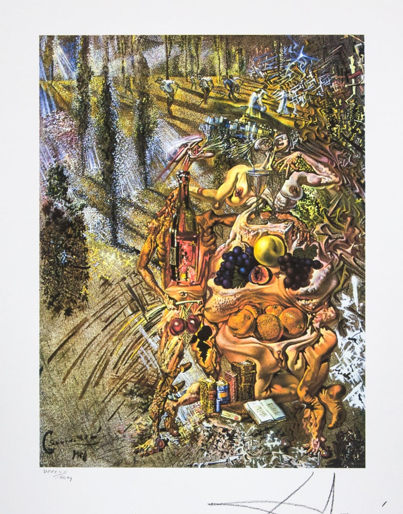 Salvador Dali 'Dionysus Spitting the Complete Image...': Salvador Dali (after) 'Dionysus Spitting the Complete Image of Cadaqués on the Tip of the Tongue of a Three-Storied Gaudinian Woman' offset lithography, sheet size 50 x 65 cm, numbered with pencil bo