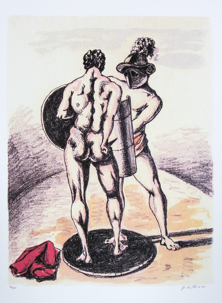 Giorgio De Chirico 'Gladiators': Giorgio De Chirico (after) 'Gladiators' offset lithograph in colors, signed bottom right, numbered bottom left with pencil, limited edition 76/90, pencil 'G. De Chirico', bottom center publishing hous