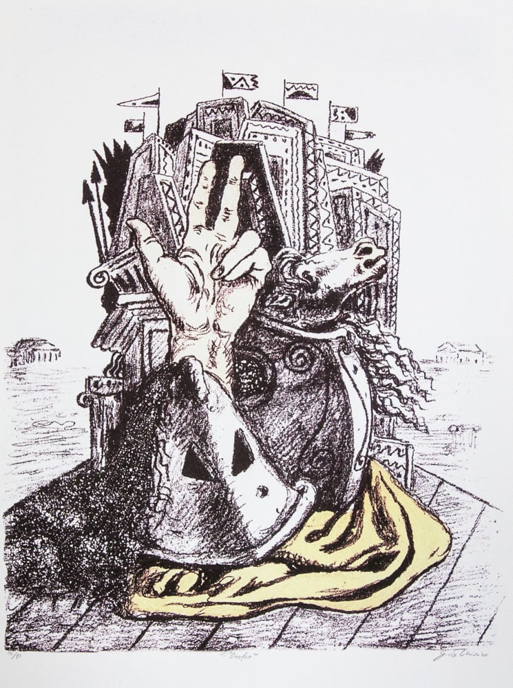 Giorgio De Chirico 'Trophy': Giorgio De Chirico (after) 'Trophy' offset lithograph in colors, signed bottom right, numbered bottom left with pencil, limited edition 16/80, pencil 'G. De Chirico', bottom center publishing house st