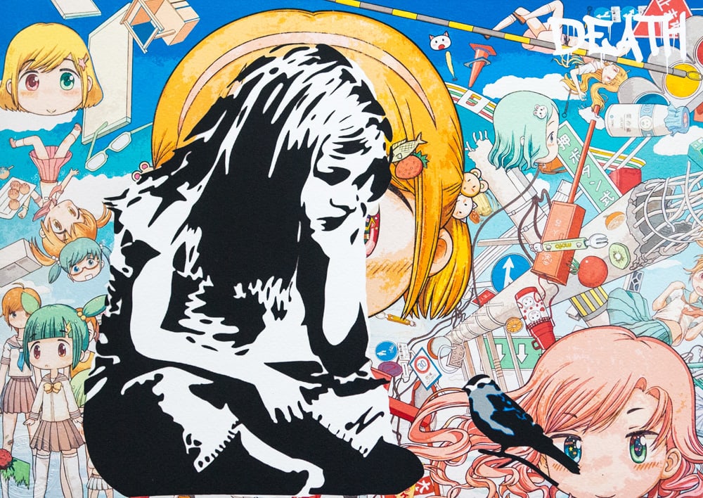 DEATH NYC SIGNED FINE ART PRINT W/COA: DEATH NYC Signed Fine Art Print with COA , DEATH NYC is a New York City-based street artist. Her pseudonym is an acronym for 'Don't Easily Abandon the Hope'. Print is blind stamped, comes with