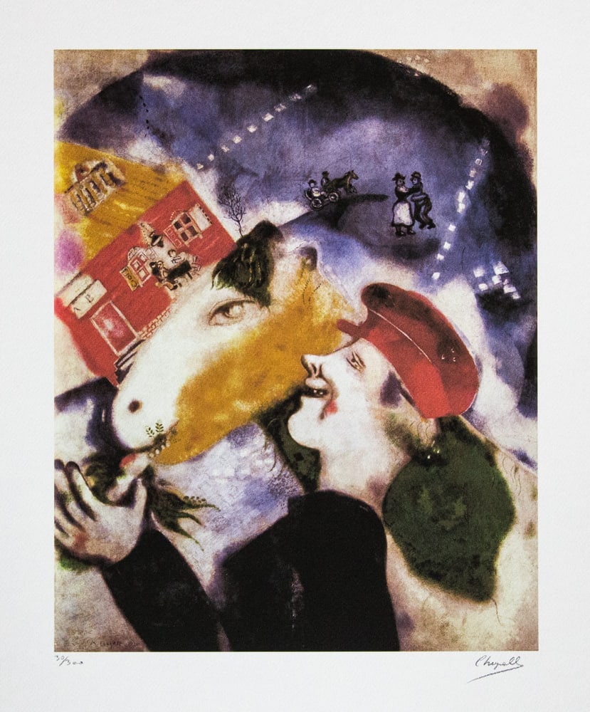 Marc Chagall 'Peasant Life': Marc Chagall (after) 'Peasant Life' offset lithograph, signed bottom right, numbered with pencil bottom left, limited edition 30/300, bottom left embossing stamp 'SPADEM Paris' heavy cotton paper, she