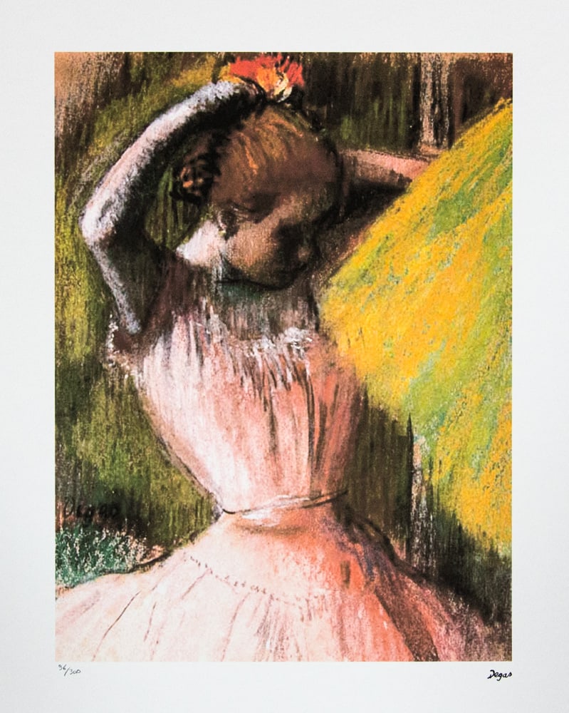 Edgar Degas 'Dancer Arranging her Hair': Edgar Degas (after) 'Dancer Arranging her Hair' offset lithography, limited edition of 300, sheet size 50 x 70 cm, plate signed bottom right, numbered with pencil bottom left 96/300, cotton paper,