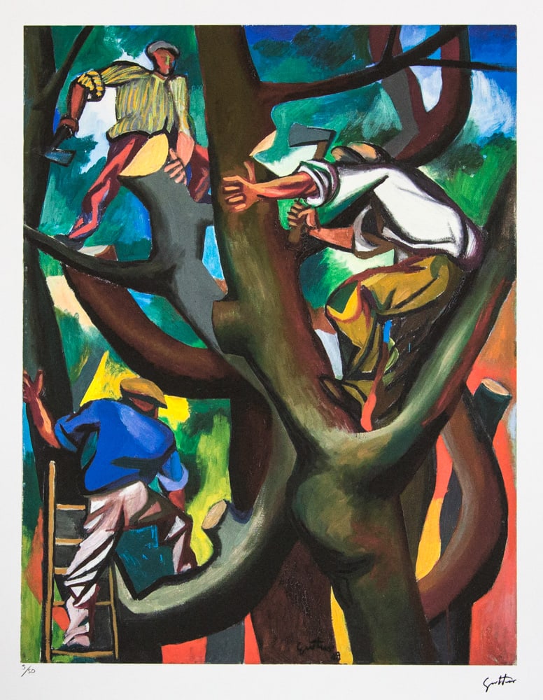 Renato Guttuso 'The Woodcutters': Renato Guttuso (after) 'The Woodcutters' lithography print, signed bottom right, numbered with pencil bottom left, limited edition 5/50, bottom left publishing house stamp 'Leonardo Artis', heavy