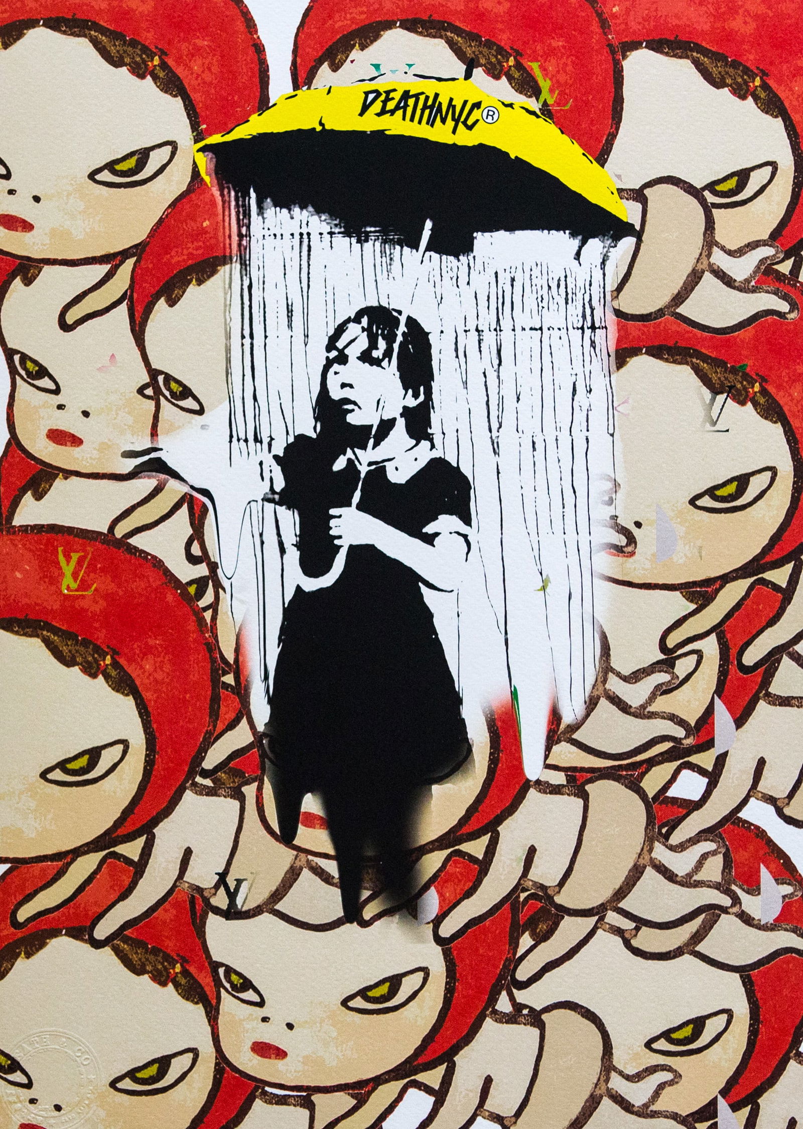 DEATH NYC SIGNED FINE ART PRINT W/COA: DEATH NYC Signed Fine Art Print with COA , DEATH NYC is a New York City-based street artist. Her pseudonym is an acronym for 'Don't Easily Abandon the Hope'. Print is blind stamped, comes with