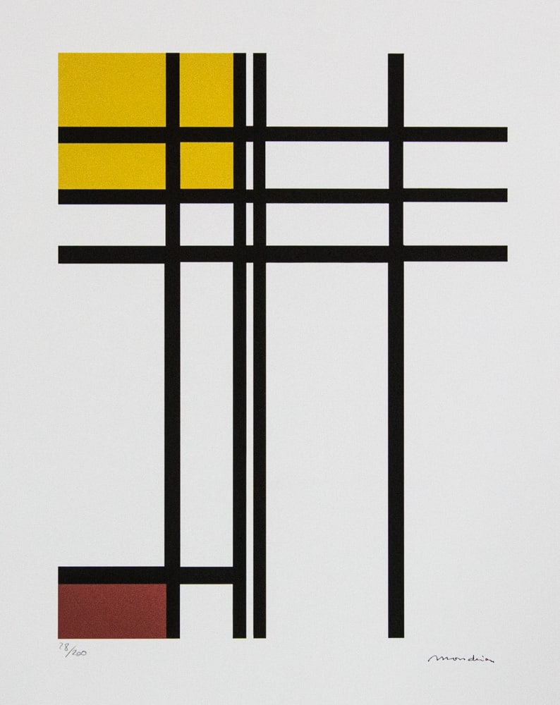 Piet Mondrian 'Opposition of Lines, Red and Yellow': Piet Mondrian (after) 'Opposition of Lines, Red and Yellow' lithography print, plate signed bottom right, numbered with pencil bottom left, limited edition 28/200, bottom left publishing house stamp