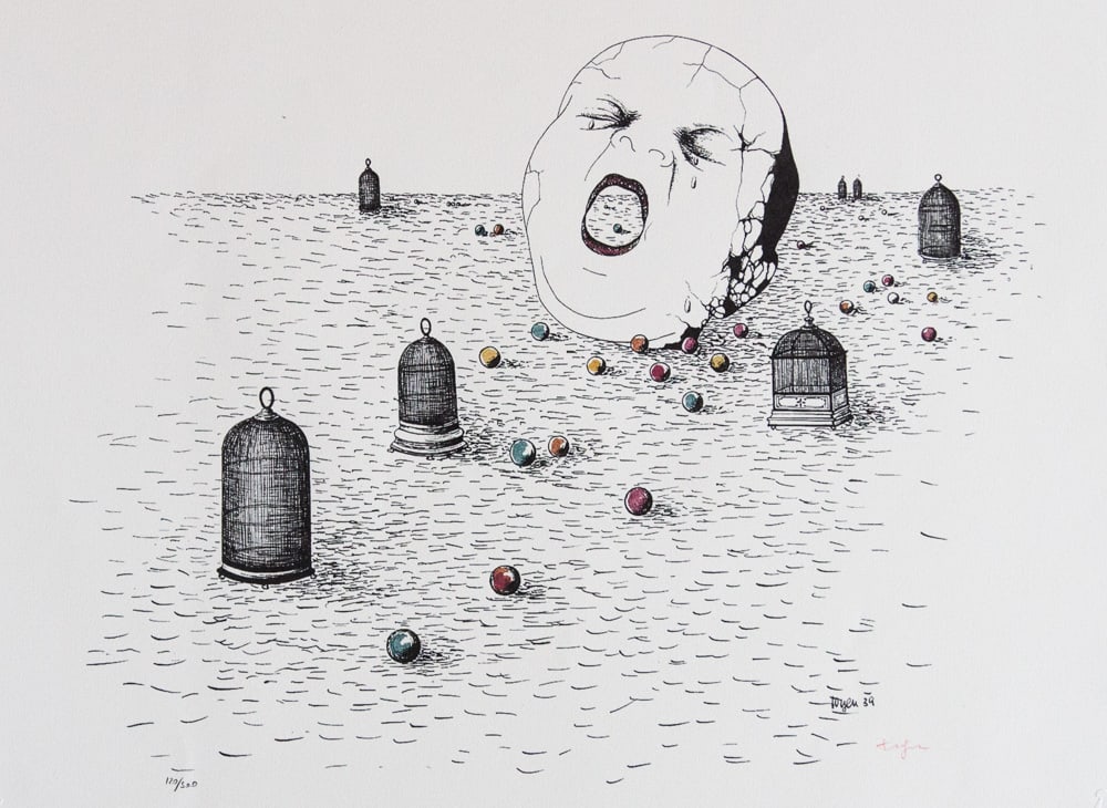 Toyen 'The Shooting Gallery IV': Toyen (after), Marie Cerminova 'The Shooting Gallery IV' lithography print, signed bottom right, numbered with pencil bottom left, limited edition 120/500, bottom embossing stamps, paper BFK Rives,