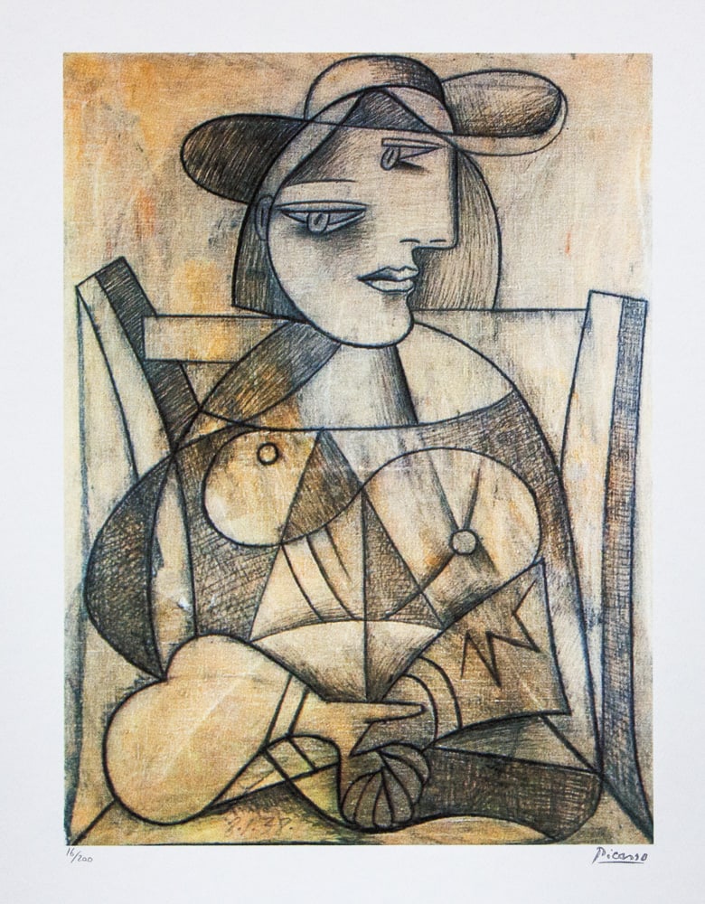 Pablo Picasso 'Woman with Joined Hands': Pablo Picasso (after) 'Woman with Joined Hands' lithograph print, limited edition of 200, sheet size 50 x 70 cm, plate signed bottom right, numbered with pencil bottom left 16/200, wove paper with Pab