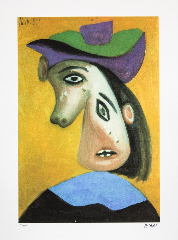 Pablo Picasso 'Weeping Woman's Head': Pablo Picasso (after) 'Weeping Woman's Head' lithograph print, limited edition of 200, sheet size 50 x 70 cm, plate signed bottom right, numbered with pencil bottom left 100/200, wove paper with