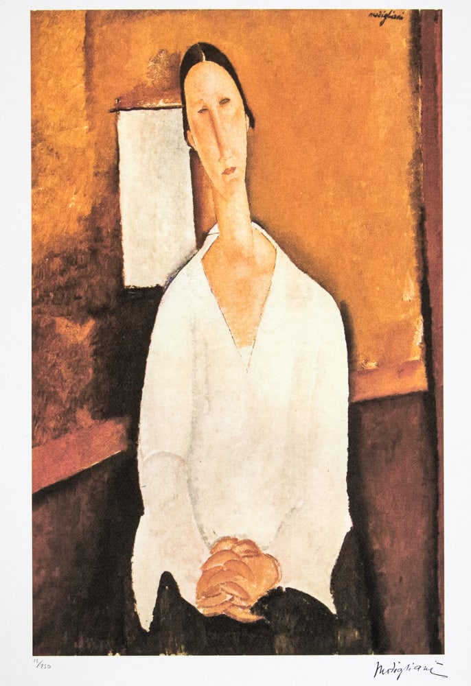 Amadeo Modigliani 'Madame Zborowska with Clasped Hands': Amadeo Modigliani (after) 'Madame Zborowska with Clasped Hands' lithography print, plate signed bottom right, numbered with pencil bottom left, limited edition 12/250, heavy paper, sheet size 70 x 50