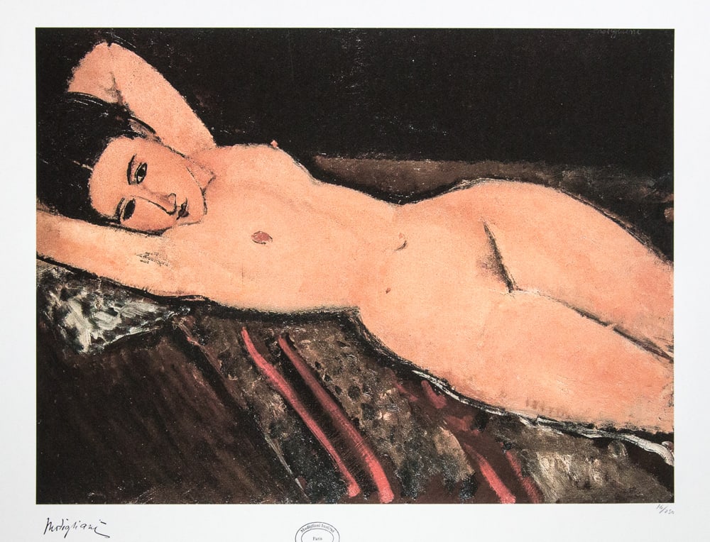 Amadeo Modigliani 'Reclining Nude with Arms Folded under Her Head': Amadeo Modigliani (after) 'Reclining Nude with Arms Folded under Her Head' lithography print, plate signed bottom right, numbered with pencil bottom left, limited edition 16/250, heavy paper, sheet