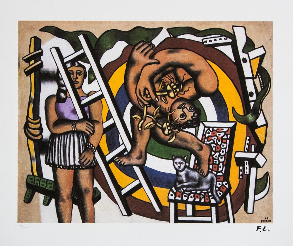 Fernand Leger 'The Acrobat and His Partner': Fernand Leger (after) 'The Acrobat and His Partner' lithography print, plate signed bottom right, numbered with pencil bottom left, limited edition 75/300, bottom left publishing house stamp 'Leonardo
