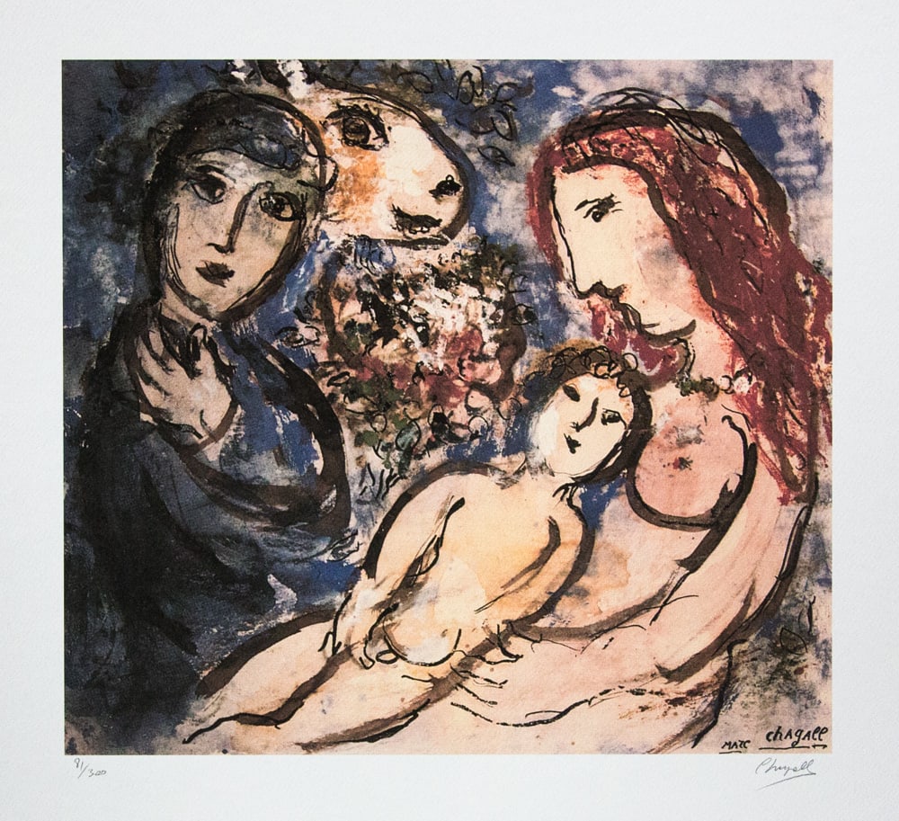 Marc Chagall, Untitled: Marc Chagall (after) untitled, offset lithograph, signed bottom right, numbered with pencil bottom left, limited edition 81/300, bottom left embossing stamp 'SPADEM Paris' heavy cotton paper, sheet