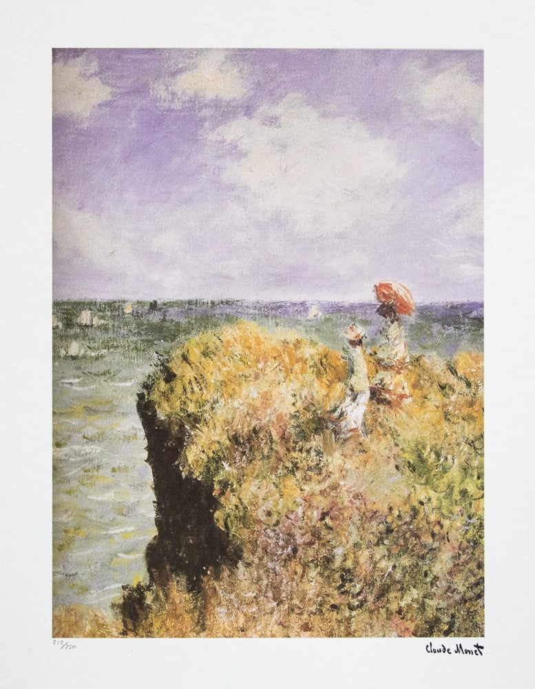 Claude Monet 'The Cliff Walk Pourville': Claude Monet (after) 'The Cliff Walk Pourville' lithography print, sheet size 50 x 70 cm, plate signed bottom right, numbered with pencil bottom left, limited edition 212/250, with embossing stamp 'SP