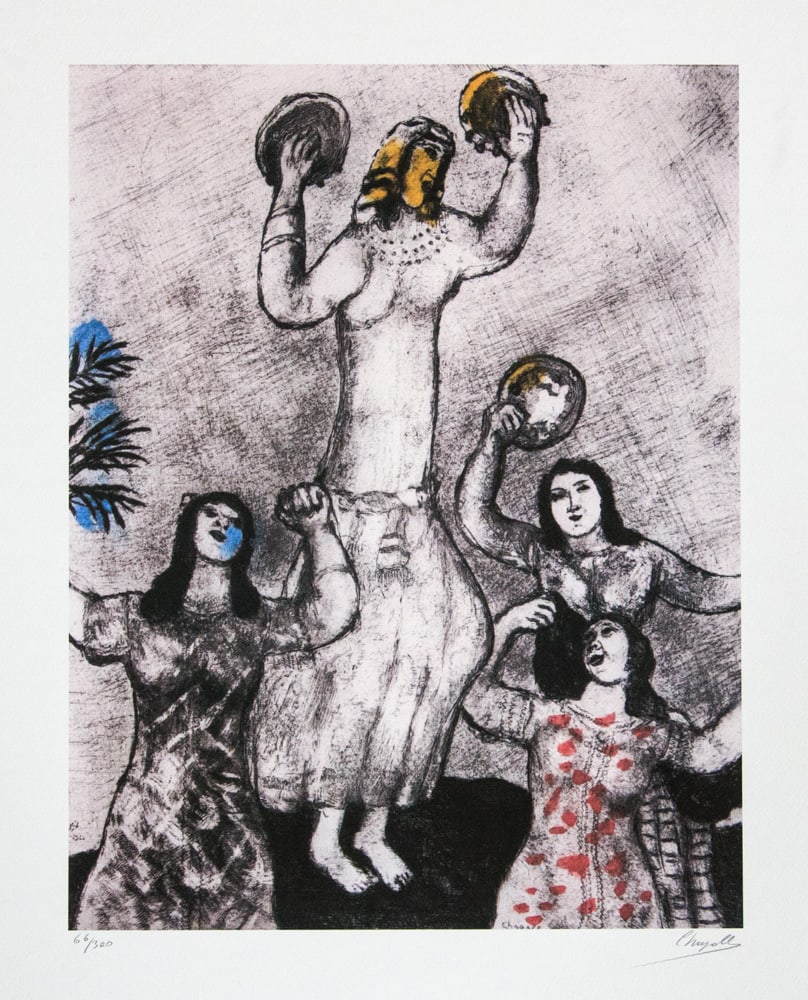 Marc Chagall 'Dance of Miriam': Marc Chagall (after) 'Dance of Miriam' offset lithograph, signed bottom right, numbered with pencil bottom left, limited edition 66/300, bottom left embossing stamp 'SPADEM Paris' heavy cotton paper,