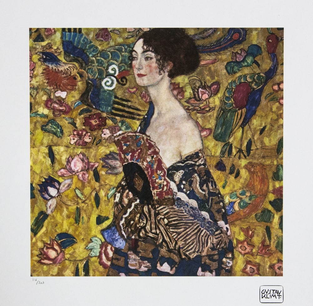 Gustav Klimt 'Lady with Fan': Gustav Klimt (after) 'Lady with Fan' limited edition of 200, lithograph print, plate signed bottom right, numbered with pencil bottom left 116/200, fine art paper, with La TREC Spa embossing, sheet