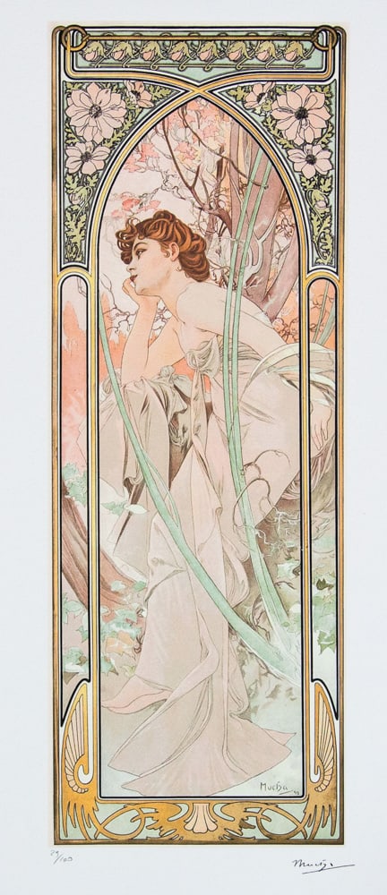 Alphonse Mucha 'Evening Reverie': Alphonse Mucha (after) 'Evening Reverie' lithography print, sheet size 50 x 70 cm, plate signed bottom right, numbered with pencil bottom left, limited edition 29/100, bottom left publishing house sta