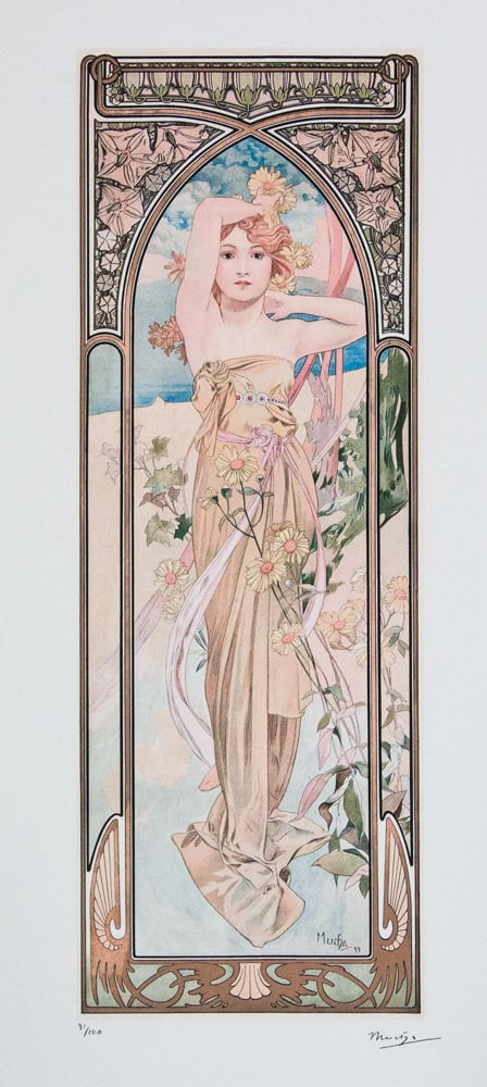 Alphonse Mucha 'Brightness of Day': Alphonse Mucha (after) 'Brightness of Day' lithography print, sheet size 50 x 70 cm, plate signed bottom right, numbered with pencil bottom left, limited edition 91/100, bottom left publishing house s