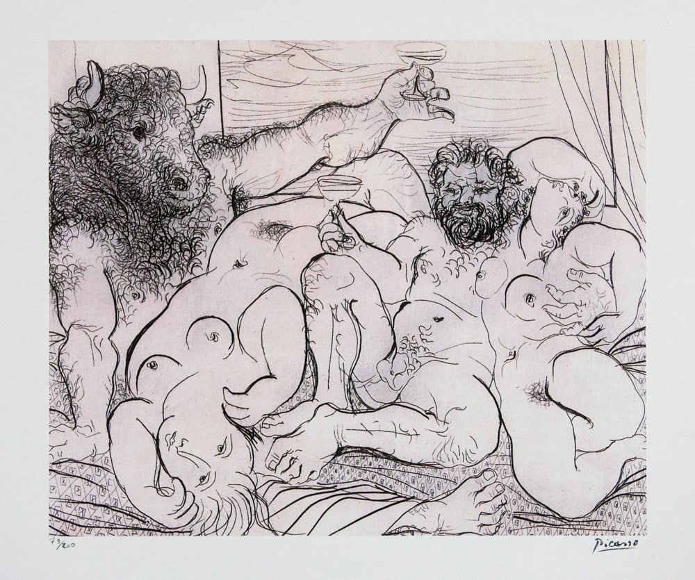 Pablo Picasso 'Bacchanal with Minotaur': Pablo Picasso (after) 'Bacchanal with Minotaur' lithograph print, limited edition of 200, sheet size 50 x 70 cm, plate signed bottom right, numbered with pencil bottom left 79/200, wove paper with