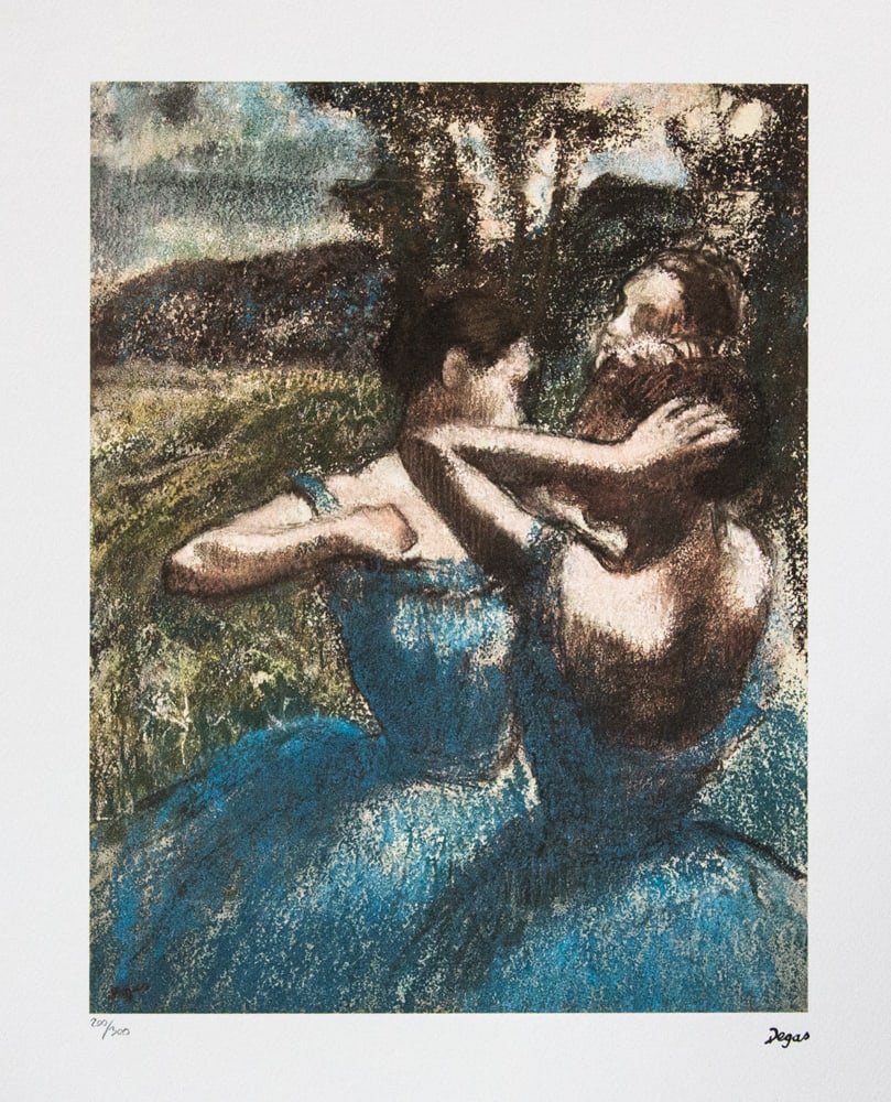 Edgar Degas 'Three Dancers in Blue': Edgar Degas (after) 'Three Dancers in Blue' offset lithography, limited edition of 300, sheet size 50 x 70 cm, plate signed bottom right, numbered with pencil bottom left 200/300, cotton paper,