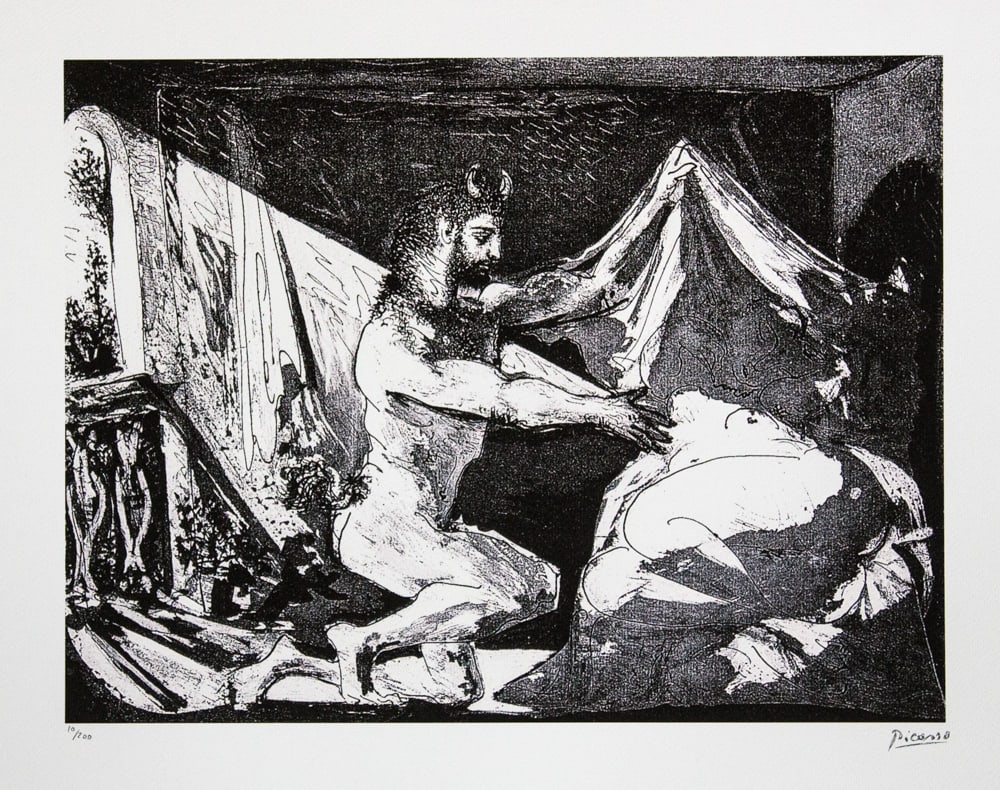 Pablo Picasso 'Faun Unveiling a Sleeping Girl': Pablo Picasso (after) 'Faun Unveiling a Sleeping Girl' lithograph print, limited edition of 200, sheet size 50 x 70 cm, plate signed bottom right, numbered with pencil bottom left 10/200, wove paper w