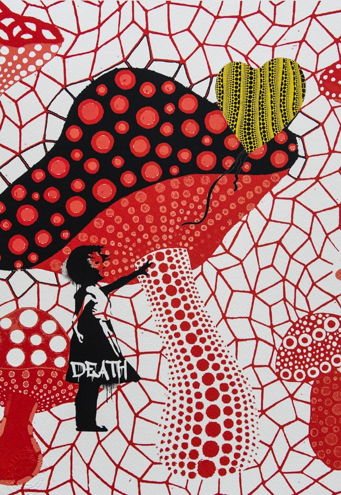 DEATH NYC SIGNED FINE ART PRINT W/COA: DEATH NYC Signed Fine Art Print with COA , DEATH NYC is a New York City-based street artist. Her pseudonym is an acronym for 'Don't Easily Abandon the Hope'. Print is blind stamped, comes with