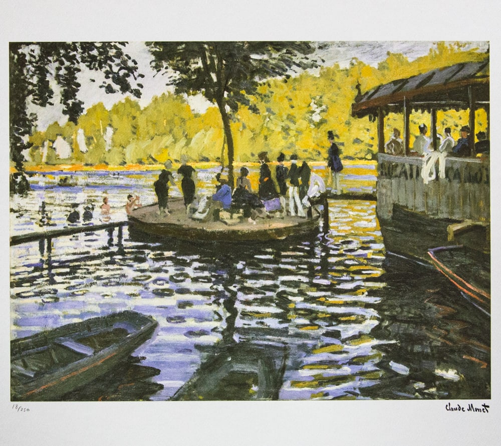 Claude Monet 'The Grenouillere': Claude Monet (after) 'The Grenouillere' lithography print, sheet size 50 x 70 cm, plate signed bottom right, numbered with pencil bottom left, limited edition 18/250, with embossing stamp 'SPADEM, Par