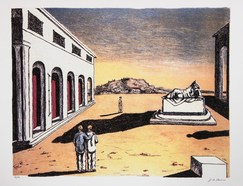 Giorgio De Chirico 'Melancholy of a Beautiful Day': Giorgio De Chirico (after) 'Melancholy of a Beautiful Day' offset lithograph in colors, signed bottom right, numbered bottom left with pencil, limited edition 46/76, pencil 'G. De Chirico', bottom cen