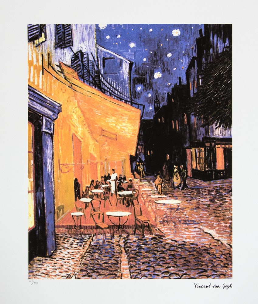 Vincent van Gogh 'Café Terrace at Night': Vincent van Gogh (after) 'Café Terrace at Night' lithography print, sheet size 50 x 70 cm, plate signed bottom right, numbered with pencil bottom left, limited edition 65/250, with embossing stamp