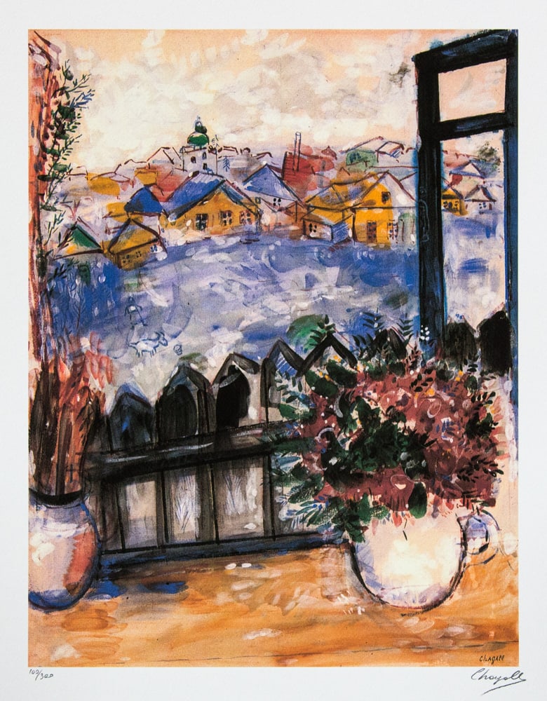 Marc Chagall 'View from the Window': Marc Chagall (after) 'View from the Window' offset lithograph, signed bottom right, numbered with pencil bottom left, limited edition 100/300, bottom left embossing stamp 'SPADEM Paris' heavy cotton p