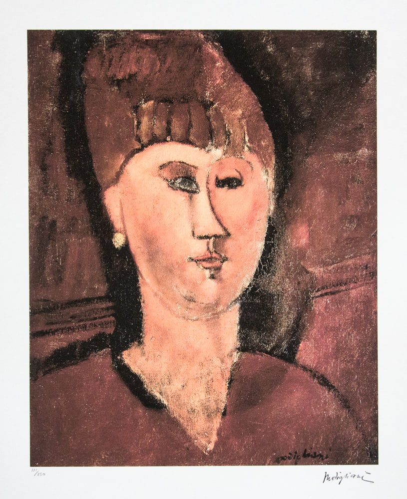 Amadeo Modigliani 'Head of Red-Haired Woman': Amadeo Modigliani (after) 'Head of Red-Haired Woman' lithography print, plate signed bottom right, numbered with pencil bottom left, limited edition 111/250, heavy paper, sheet size 70 x 50 cm,