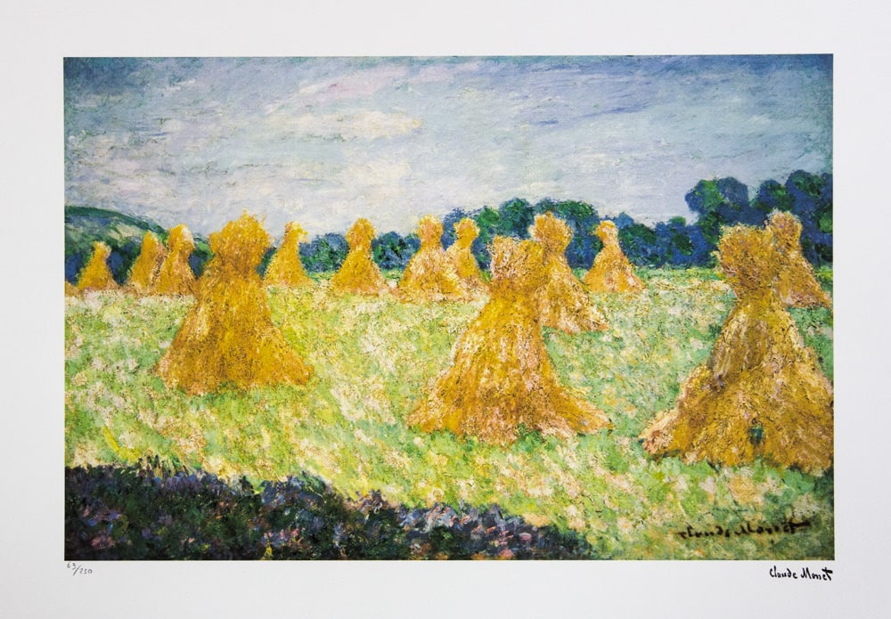 Claude Monet 'Haystacks': Claude Monet (after) 'Haystacks' lithography print, sheet size 50 x 70 cm, plate signed bottom right, numbered with pencil bottom left, limited edition 69/250, with embossing stamp 'SPADEM, Paris', he