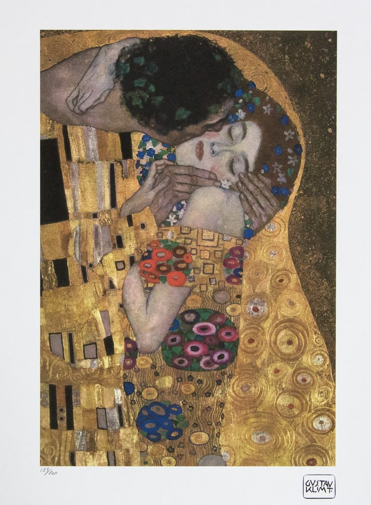 Gustav Klimt 'The Kiss': Gustav Klimt (after) 'The Kiss' limited edition of 200, lithograph print, plate signed bottom right, numbered with pencil bottom left 183/200, fine art paper, with La TREC Spa embossing, sheet size: