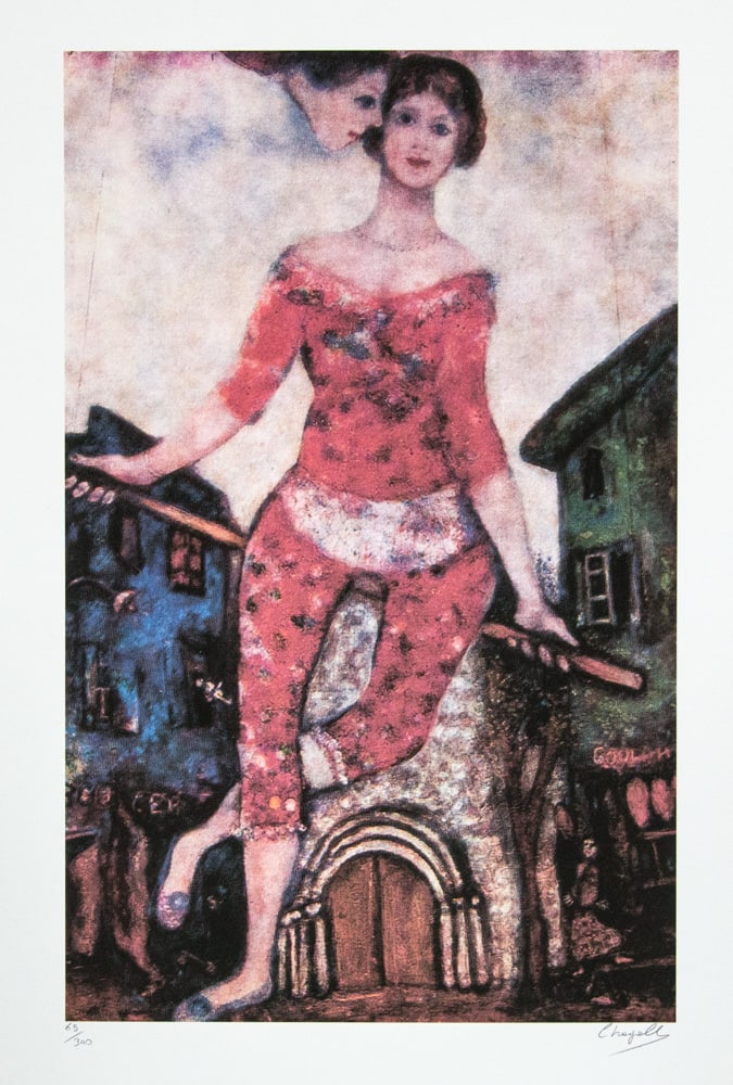 Marc Chagall 'The Acrobat': Marc Chagall (after) 'The Acrobat' offset lithograph, signed bottom right, numbered with pencil bottom left, limited edition 69/300, bottom left embossing stamp 'SPADEM Paris' heavy cotton paper,