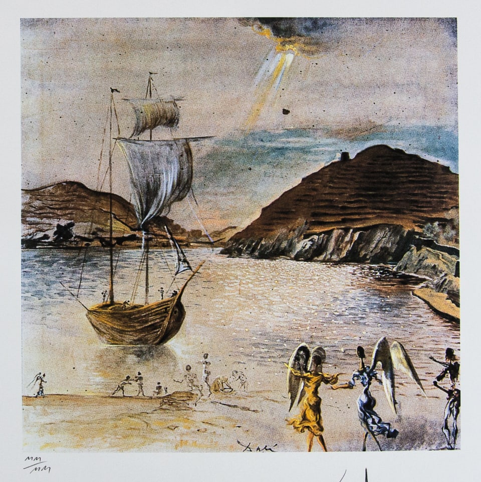 Salvador Dali 'Landscape of Portlligat': Salvador Dali (after) 'Landscape of Portlligat' offset lithography, sheet size 50 x 65 cm, heavy paper with watermark BFK Rives France, signed bottom right, pencil 'Dali', numbered with pencil bottom