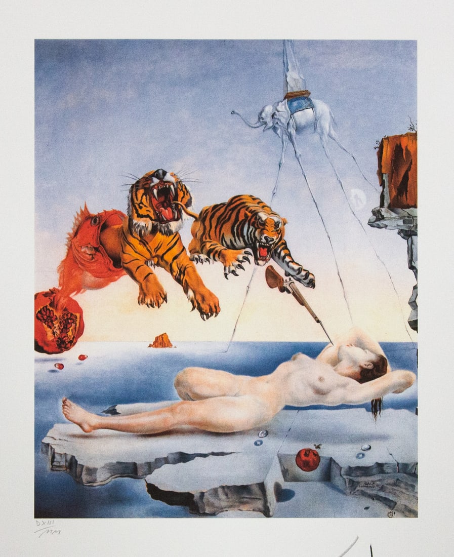 Salvador Dali 'Dream Caused by the Flight of a Bee...': Salvador Dali (after) 'Dream Caused by the Flight of a Bee Around a Pomegranate a Second Before Awakening' offset lithography, sheet size 50 x 65 cm, heavy paper with watermark BFK Rives France,