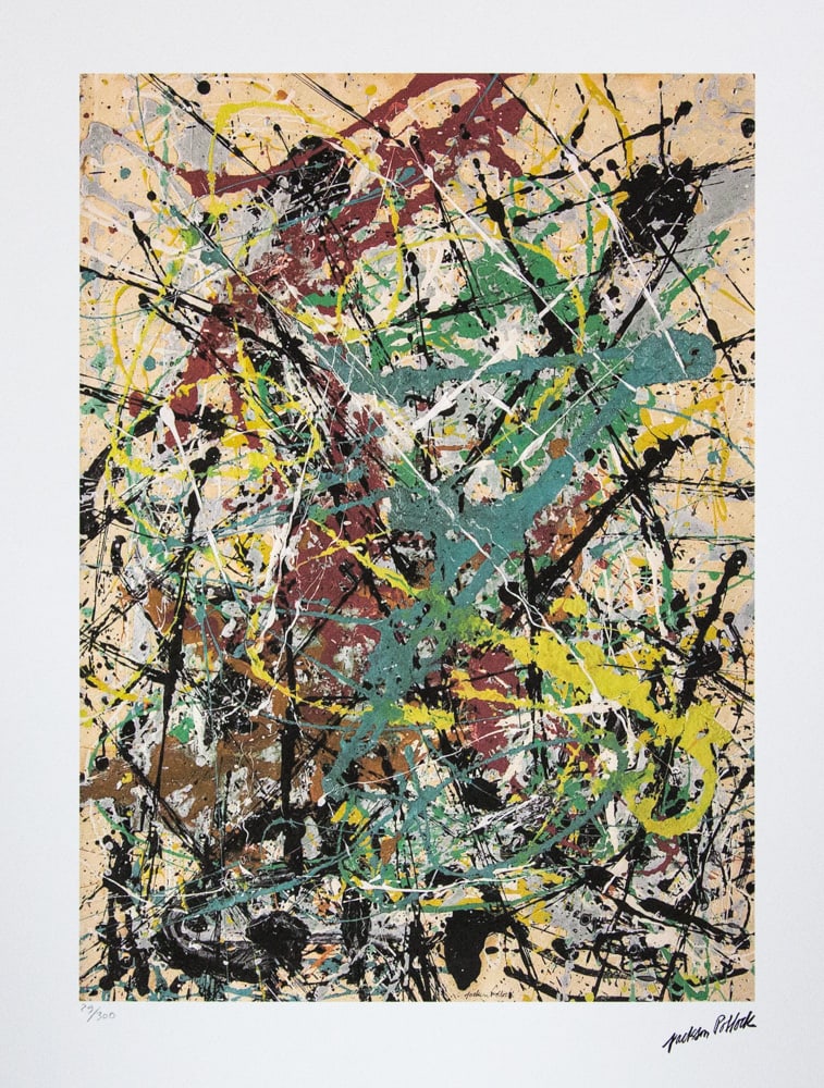 Jackson Pollock 'Number 16': Jackson Pollock (after) 'Number 16' lithography print, sheet size 50 x 70 cm, plate signed bottom right, numbered with pencil bottom left, limited edition 29/300, with embossing stamp 'SPADEM, Paris'
