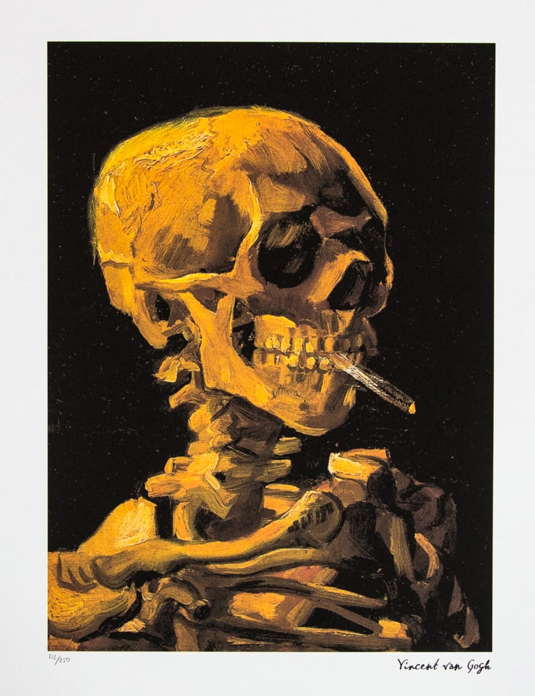 Vincent van Gogh 'Skull of a Skeleton with Burning Cigarette': Vincent van Gogh (after) 'Skull of a Skeleton with Burning Cigarette' lithography print, sheet size 50 x 70 cm, plate signed bottom right, numbered with pencil bottom left, limited edition 112/250,