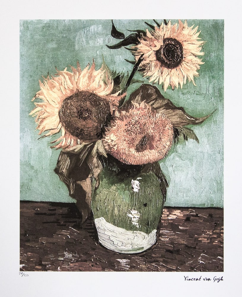 Vincent van Gogh 'Sunflowers': Vincent van Gogh (after) 'Sunflowers' lithography print, sheet size 50 x 70 cm, plate signed bottom right, numbered with pencil bottom left, limited edition 24/250, with embossing stamp 'SPADEM,