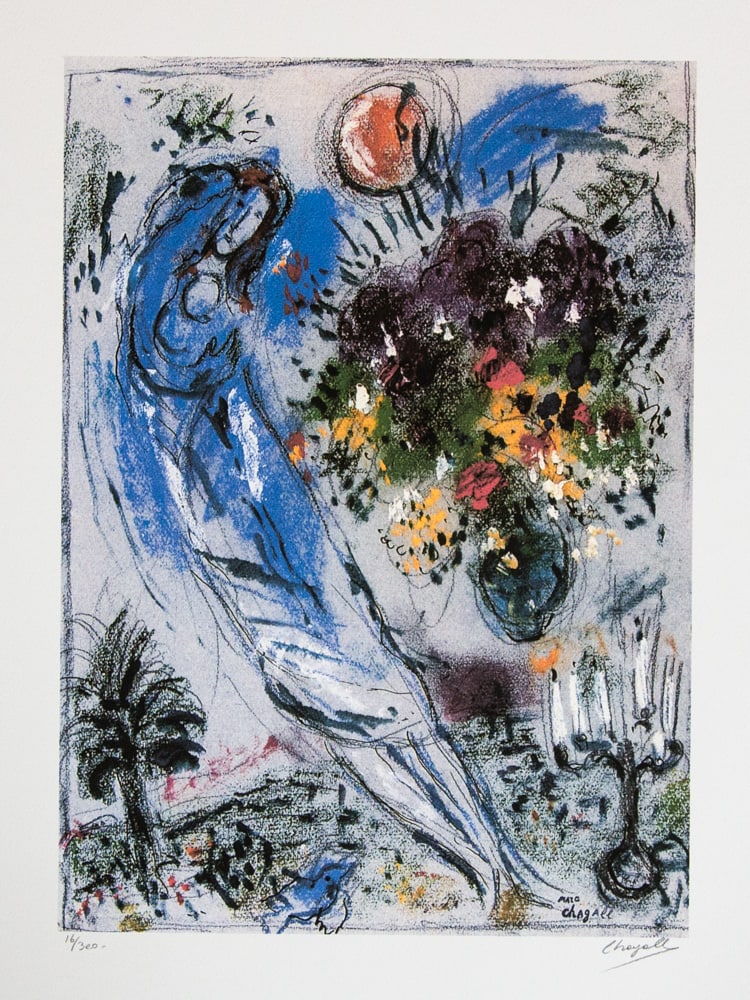 Marc Chagall 'Love by the Moon': Marc Chagall (after) 'Love by the Moon' offset lithograph, signed bottom right, numbered with pencil bottom left, limited edition 16/300, bottom left embossing stamp 'SPADEM Paris' heavy cotton